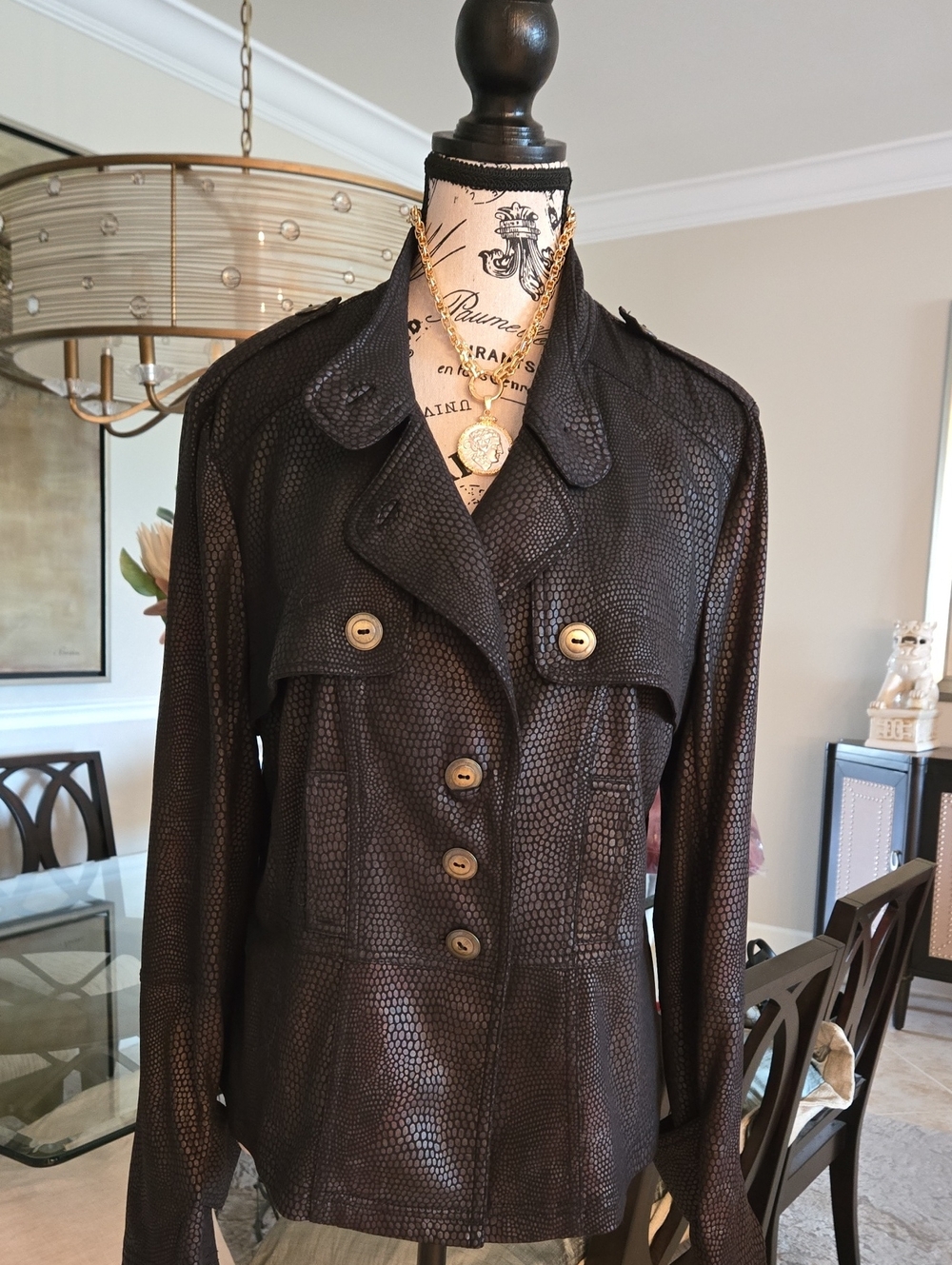 Clara Sun Woo Brown/Black Animal Skin Leather Look Print Zip Blazer Jacket